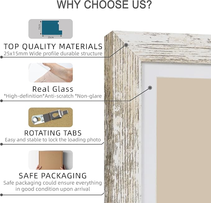 Hongkee 12x12 Picture Frame Set of 4 - Made of Glass and Distressed White Wooden Frame, Display Square Pictures 10x10 with Mat or 12 x 12 without Mat, Desktop & Wall Collage Photo Frame