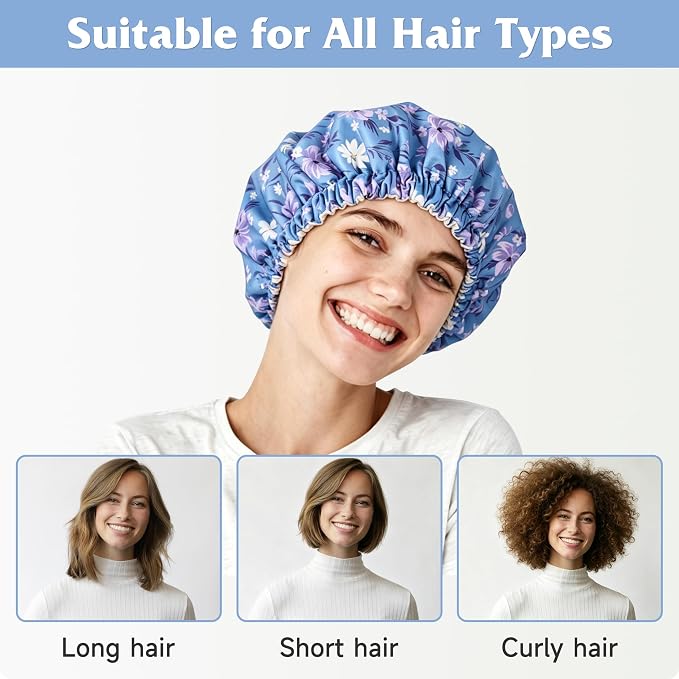 Reusable Castor Oil Hair Cap for Women, Suitable for Treating Dry, Damaged Hair, Overnight Organic Cotton Hair Cap (Oil Not Included), Purple Flowers, M