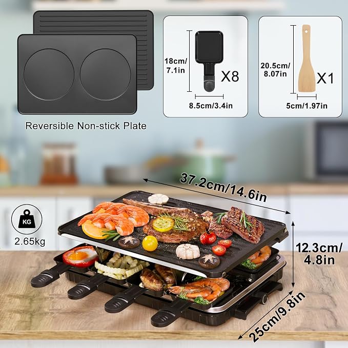 Electric Raclette Table Grill, 2 in 1 Korean BBQ Grill & Smokeless Indoor Grill, Nonstick Griddle with 8 Raclette Cheese Pans, Adjustable Temp Control, 1300W, KBBQ Party Grill for Family Gatherings