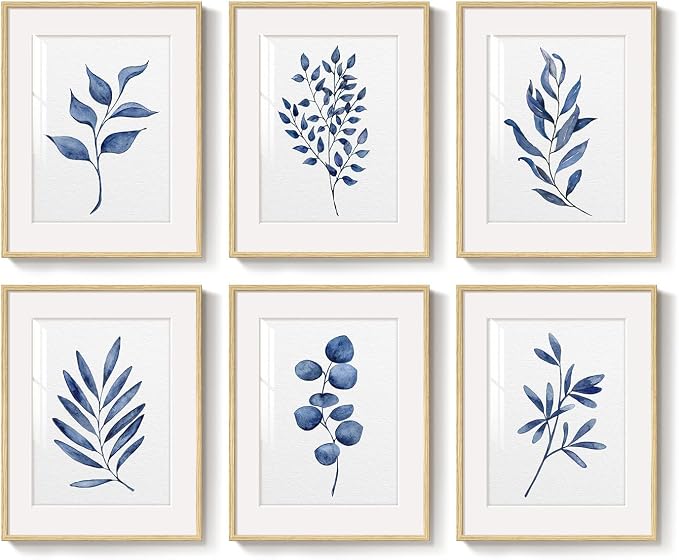 Framed Minimalist Blue Botanical Wall Art for Living Room, 6 Piece 11x14 In | Watercolor plant pictures, Plexiglass with mat prints, Leaf wall decor, Contemporary home decor, Bedroom office artwork