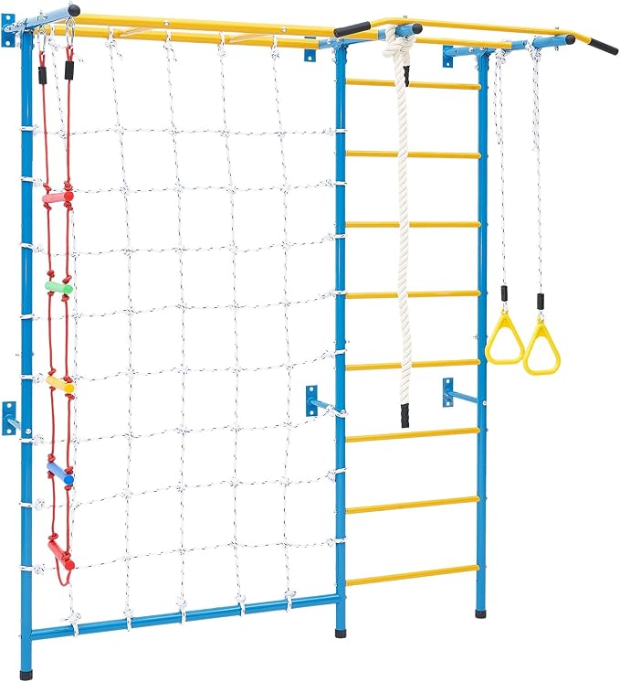 VEVOR Indoor Jungle Gym for Toddlers, 7-in-1 Climbing Playset with Carbon Steel Swedish Ladder, Wall Ladder, Pull-Up Bar, Rope Ladder, and Gymnastic Rings, Supports 220 lbs, Multicolor