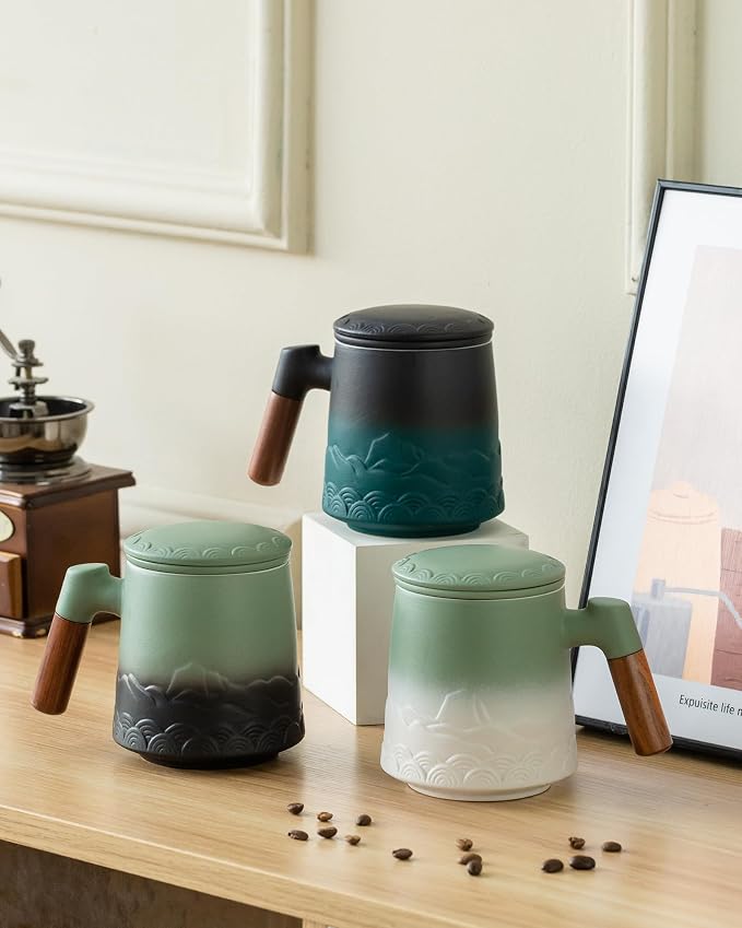 ZENS 16.9 oz Embossed Ceramic Tea Mug with Infuser and Lid, Loose Leaf Steeper, Wood Handle, Matte Glazed, Gift for Tea Lovers