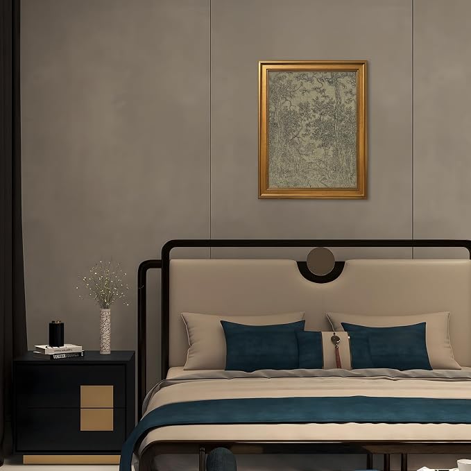 Gold Framed Antique Textile Landscape Sketch Wall Art Painting Moody Vintage Drawing Print Rustic Old-World Picture Poster Neutral Canvas Artwork for Living Room Study Entryway Home Decor 16x20inch