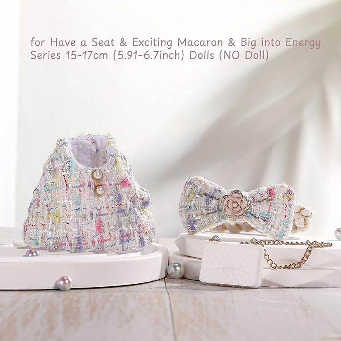 Doll Clothes for Labubu 17cm Have a Seat & Exciting Macaron & Big into Energy Series Dolls, Luxury Chic Series for 17cm Dolls Accessories (White Dress+Hairband+Bag)
