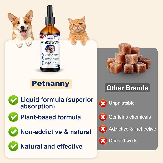 Petnanny Yeast Infection Support for Dogs, Natural Herbal Supplement Yeast Infection Drops with PAU d’Arco & Goldenseal, Supports Healthy Yeast Balance, Digestion & Immune Health, Bacon Flavor