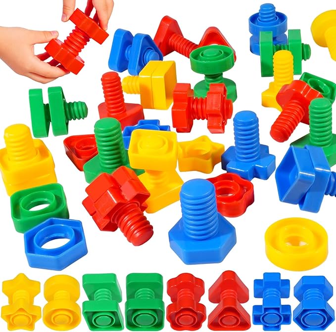 Bbiamsleep 40 Pcs Plastic Nuts and Bolts Fine Motor Skills Shapes and Color Matching for Sorting Counting Training (Random)