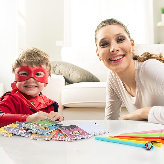 LiYiQ 148 Pcs Hero Party Return Gifts Bulk Mini Notebooks Pens Stickers Set for Hero Themed Birthday Party Supplies Classroom School Reward Gift Prizes Goodie Bags Stuffers