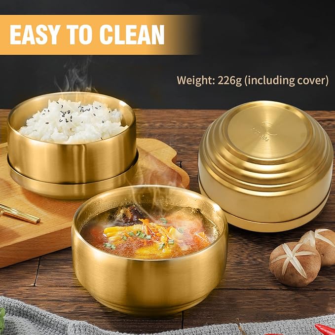Stainless Steel Rice Bowl with Lid, Set of 2, for Korean Kitchen Restaurant, Double-walled Metal Bowls, Multi-Purpose Insulated Soup Bowls Snacks Bowls (10.5cm Gold)