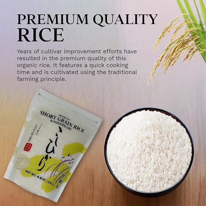 Shirakiku Dried Grains & Rice - Japanese Style Short Grain White Koshihikari - Uncooked Premium Quality Sweet Sticky Sushi Rice, 4.4 Pounds bag