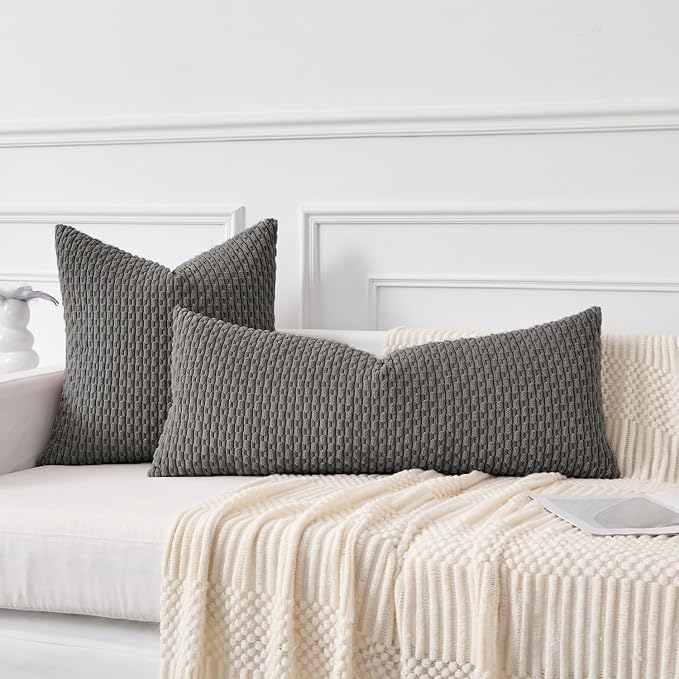 Kevin Textile Soft Corduroy 14"x36" Lumbar Pillow Cover 1 Pack, Dark Grey | Boho Stripe Plush Corduroy Decorative Oblong Cushion Cover Modern Farmhouse Home Decor for Sofa Couch Bed Chair