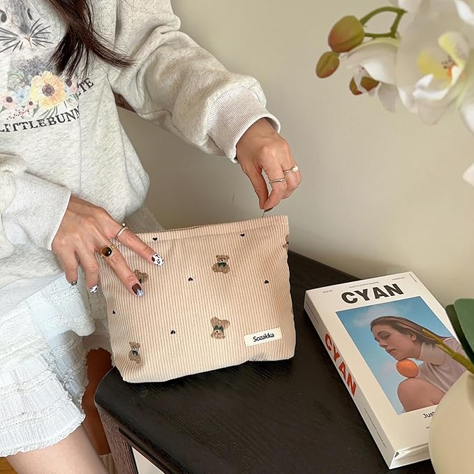 Cute Small Soft Corduroy Zipper Makeup Bag for Purse, Coquette Aesthetic Pouch with Bear Pattern for Women Girls, Kawaii Travel Cosmetic Bags(04Light Taupe)