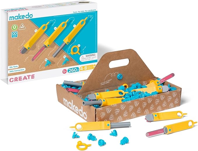 Makedo Create | 260 Piece Cardboard Construction Toolbox for 4-8 Makers | STEM and STEAM Educational Toys for Kids | at Home Play + Classroom Learning | Reusable Tools for Boys and Girls Age 4+