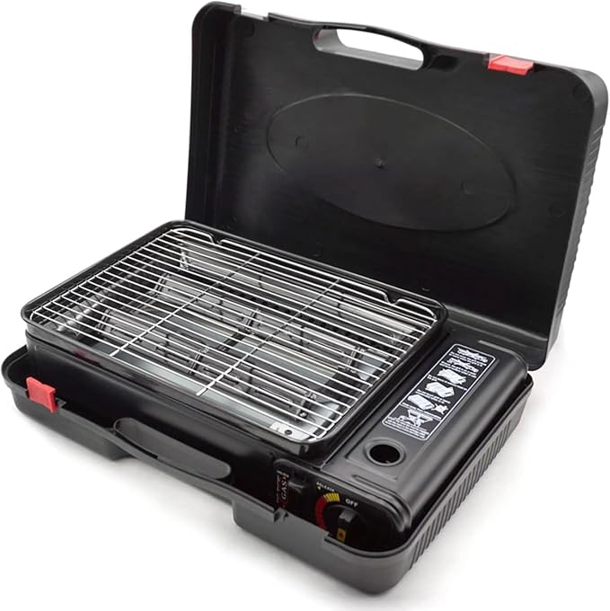 Portable Butane Stove - Compact Gas Grill Stove with Detachable Grate + Durable Carry Case | Dual Fuel Tabletop BBQ for Camping, Korean BBQ, Tailgating | Fast Stainless Steel Outdoor Cooker