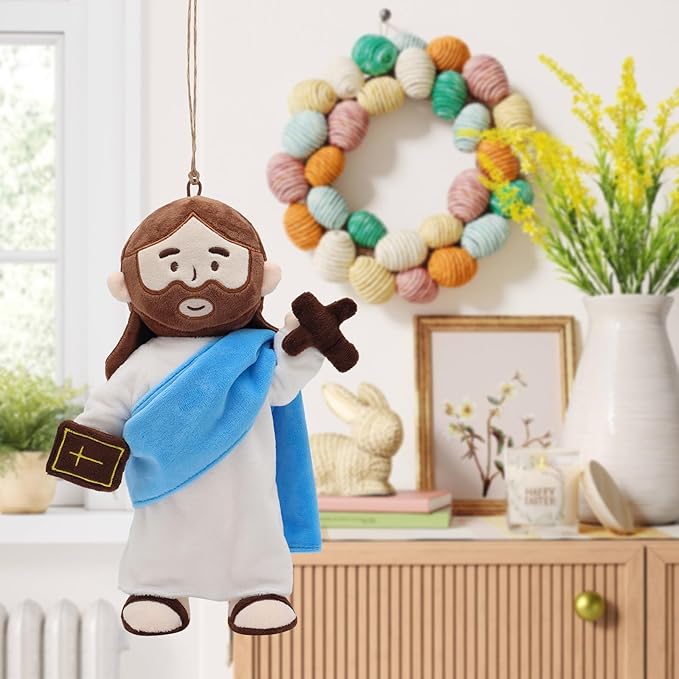 Jesus Plush Doll with Jointed Skeleton Jesus Plushie 13.4" Poseable Jesus with Removable Accessories Easter Christian Gifts for Kids (Blue)