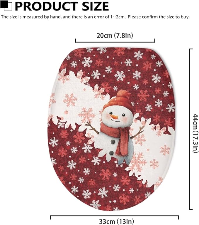 Toilet Seat Cover, Bathroom Accessories with Elastic Band at Bottom Toilet Seat Cover, Flannel Soft and Dustproof Toilet Lid Cover-Cute Christmas Snowman
