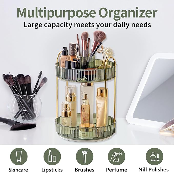 Asayuee 360 Rotating Makeup Organizer,2 Tier Large Capacity Make Up Organizers and Storage,Skincare Perfume Vanity Organizers,Bathroom Cosmetics Storage Organizer Countertop (Green)