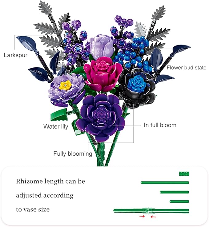 Purple Flowers Toys Building Sets from Botanical Collection, Rose Bouquet for Home & Office Desk Decoration, for Kids Age 6+ Toys & Games Series 759pcs