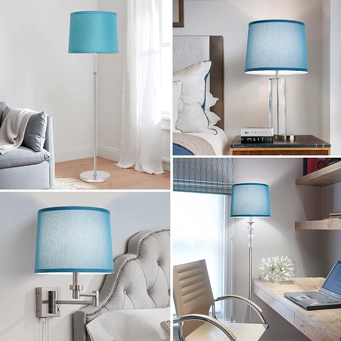 Drum Lamp Shades Set of 2, 11.6"Top x 12.6"Bottom x 9.8"High, Blue | Medium Lamp Shades for Table Lamps, Floor Lamps, Fabric Lampshades, Spider, Harp Holders Included, Assembly Required