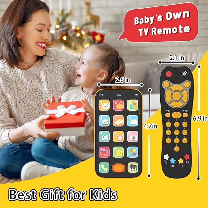 Toy Phone Baby Remote Control Toy Set, Play Phones TV Remote Control with Music Light for 6+ Months, Early Learning Baby Toys Gift for 1 Year Old Boys Girls Toddler Infant Kid, English/Spanish, Orange