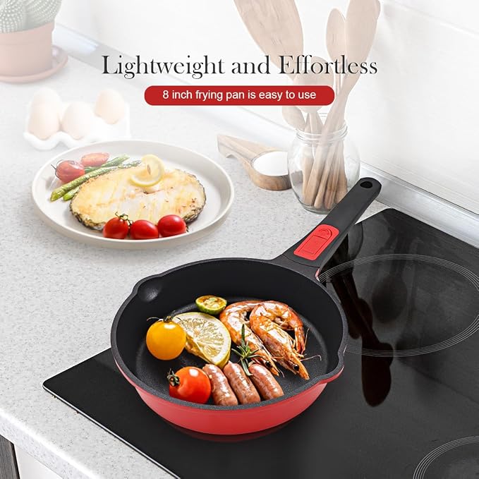 Small Frying Pan Nonstick, 8 Inch Non Stick Egg Skillet, Omelette Pan Non Toxic, Mini Pans for Cooking, Induction Cookware, Compatible with All Stoves, Detachable Handle, Oven Safe, Red