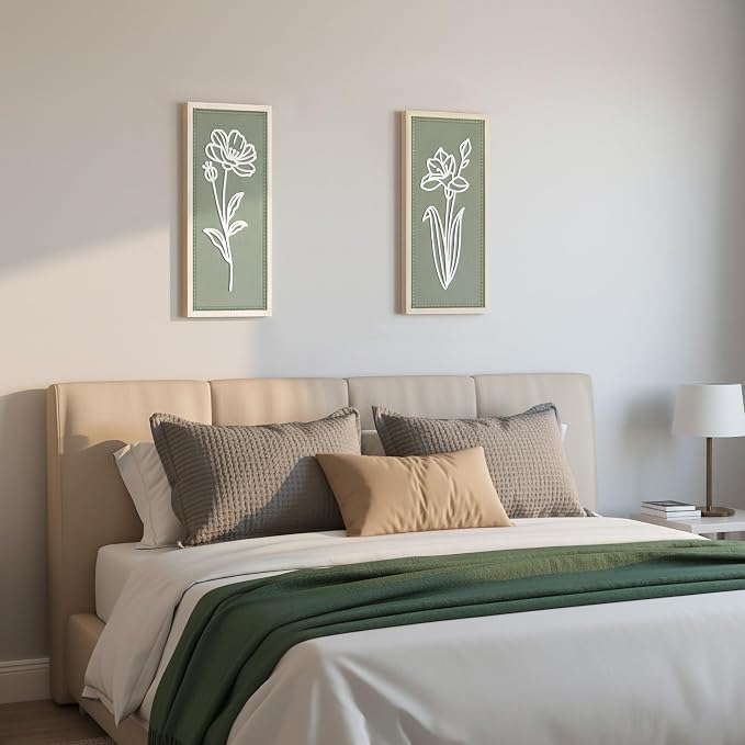 Sage Green Bathroom Wall Decor Set of 2, Framed 3D Wooden Floral Wall Art | Raised white floral cutouts in rectangular frames, ready to hang; rustic boho farmhouse decor for bedroom and hallway walls