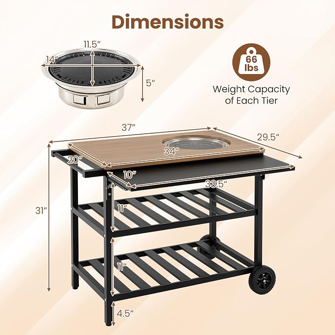 HAPPYGRILL Outdoor Grill Cart with Foldable Side Panel, 2 Storage Shelves | Movable Food Prep Table with Korean BBQ Charcoal Grill, Outside Pizza Oven Table for Patio Backyard Cooking BBQ