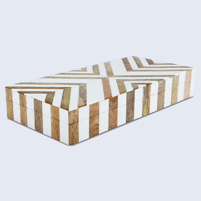 Handicrafts Home Large Decorative Storage Box with Lid Wooden Decorative Box Coffee Table Storage Box Living Room Organizer – Resin Inlay Marquet Chevron Collection - 12x6x2