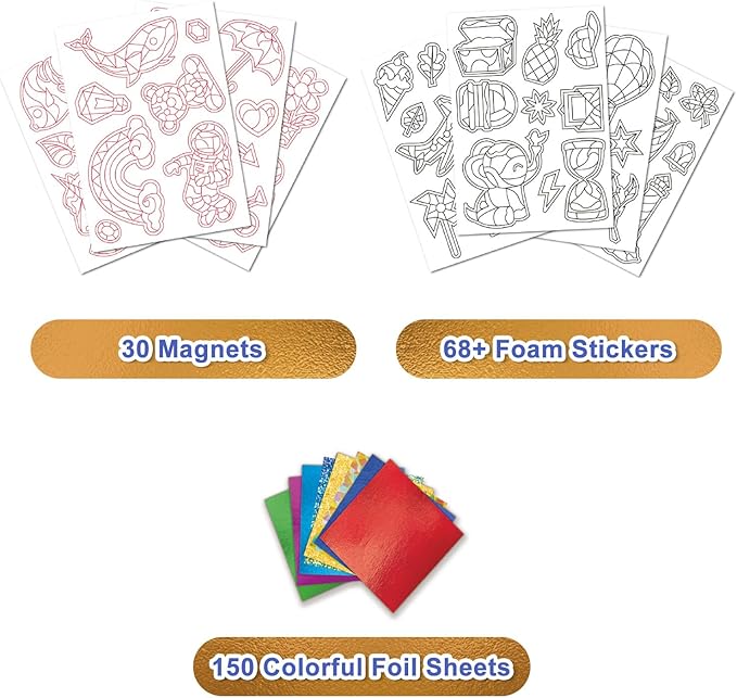 FLUXOJOY Foil Art Craft Kits for Kids, Mess -Free Fun Activity Set for Child, DIY Printing Craft Kits, Gifts for Ages 4 5 6 7 8 9 10 11 12 Years and Up, Art Supplier Travel Toys for Boys Girls
