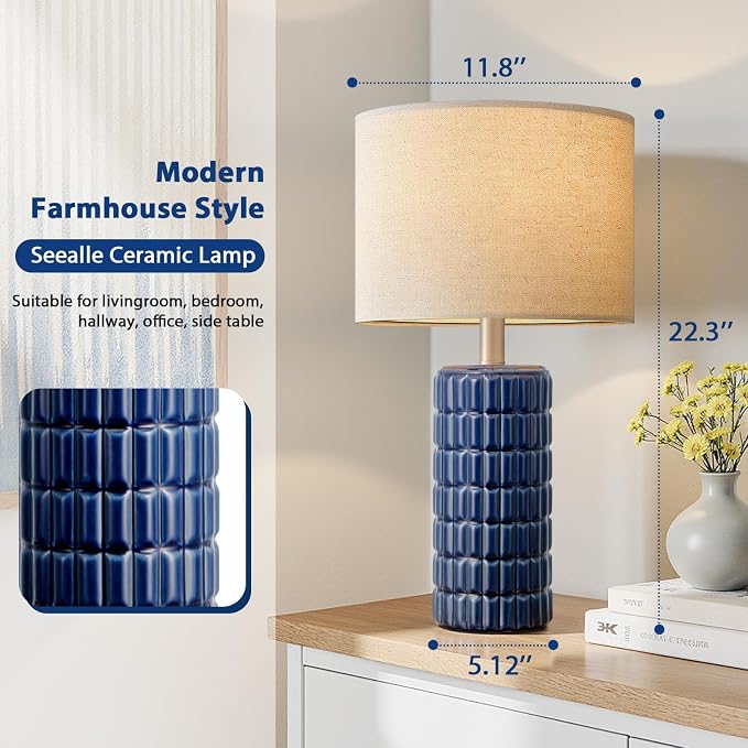 23" Modern Ceramic Table Lamps Set of 2 - Table Lamps for Living room, Farmhouse Bedside Night Stands Lamp for Bedroom, White Boho Nightstand Lamps Set of 2, Desk Lamp for End Table Home Decor(Blue)