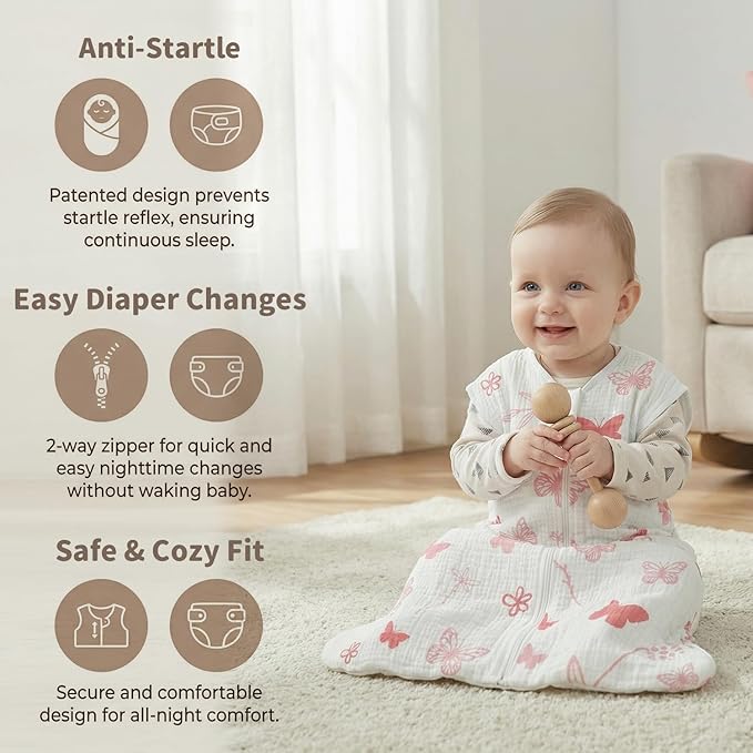 BSTOPPT 2 Pack Baby Sleep Sack 6-12 Months 100% Organic Cotton Muslin Baby Sleeping Bag 2-Way Zipper Wearable Blankets TOG 0.3 (Gray & Pink Butterfly, Medium)