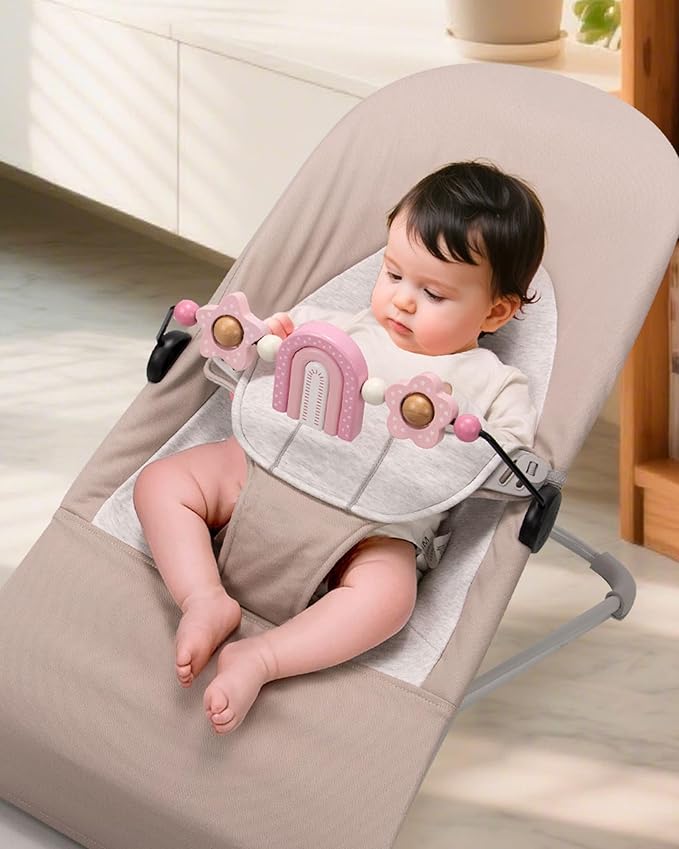 Baby Bouncer Toy Bar Wooden Compatible with Baby Bjorn Bouncer, Bouncer Toy Attachment, Tight and Secure Fit, So Fun to Watch, Touch and Spin for Babies All Ages (Pink Rainbow)