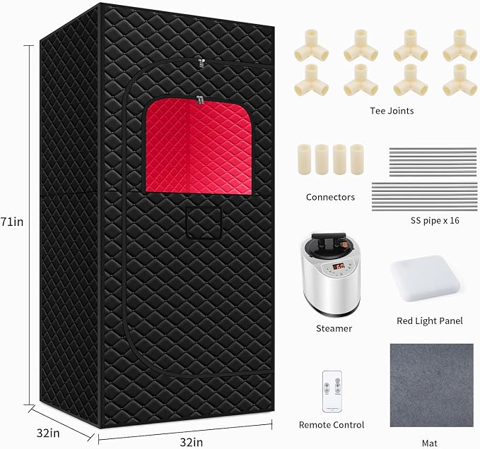 Sauna Box Red Light Theraphy - Portable Sauna for Home with 15 Levels Fast Heating, 3L/1200W Steamer and Non-Slip Mat, Remote Control for Body Relaxation, Steam Sauna for Indoor Use, 32" x 32" x 71"