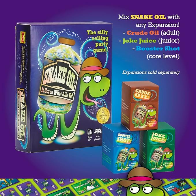 SNAKE OIL - The Silly Selling Party Game - Funny Group 3-10 Player Card Games - Fun Travel Activity for Friends and Family - Booster Shot Expansion for Ages 10+