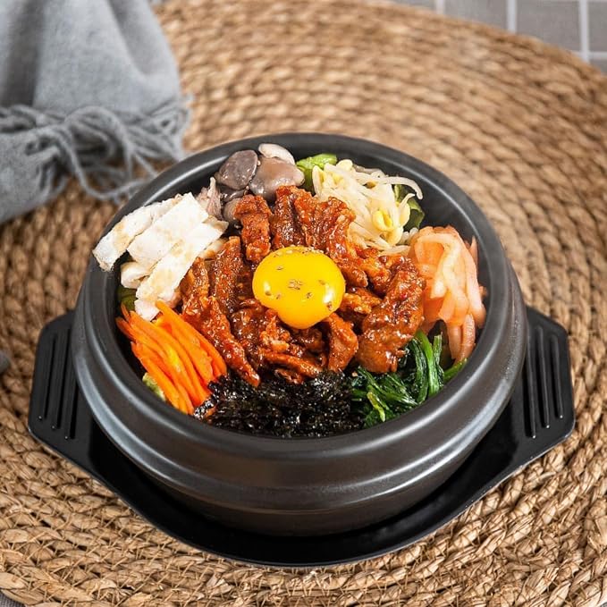 Korean Cooking Stone Pot Set – 5.5'' Premium Ceramic Dolsot Bowl with Tray, Sizzling Stone Bibimbap Pot for Rice, Soup & Stew, Traditional Korean Cookware