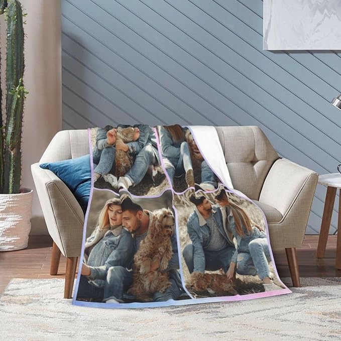 Custom Blanket with Picture Text, Personalized 4 Photo Blanket, HD Printing Customized Flannel Throw Blanket Gifts for Mom Dad Couple Girlfriend Boyfriend Wife Husband Christmas