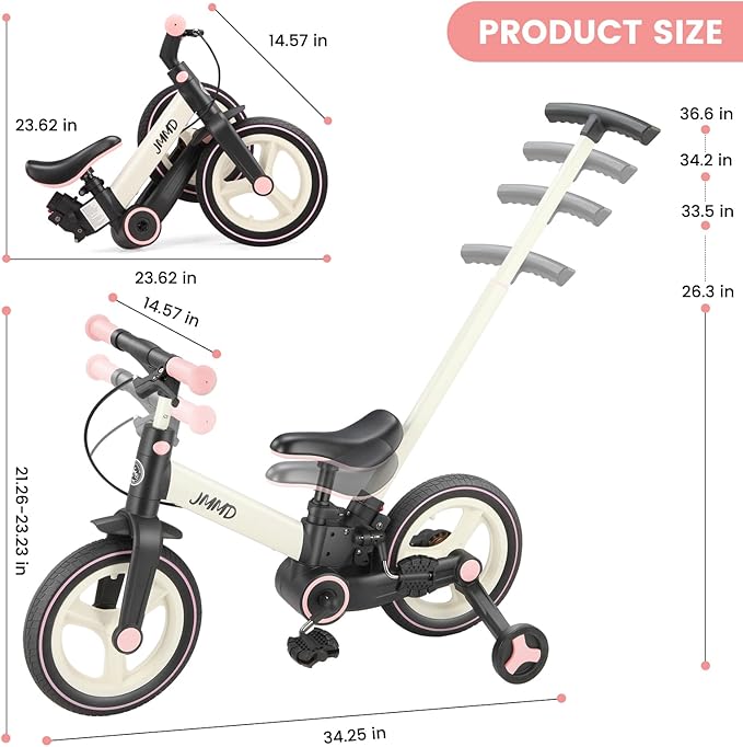 JMMD 6 in 1 Toddler Bike with Push Handle for Kids 18-60 Months, 12" Foldable Balance Bike with Training Wheels, Pedals, Brakes, Kickstand, Push Tricycle Toddler Gift & Toys for Boy & Girl