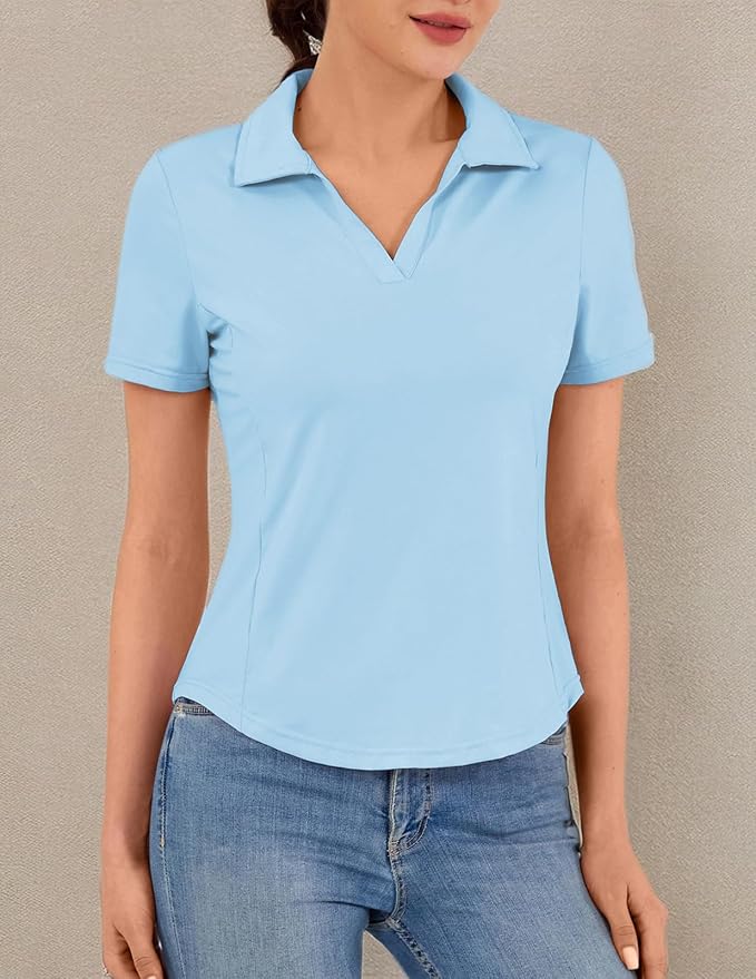 JACK SMITH Women's Golf Polo Shirt V Neck Short Sleeve Tennis Shirt Sun Protection Moisture Wicking Athletic Tops