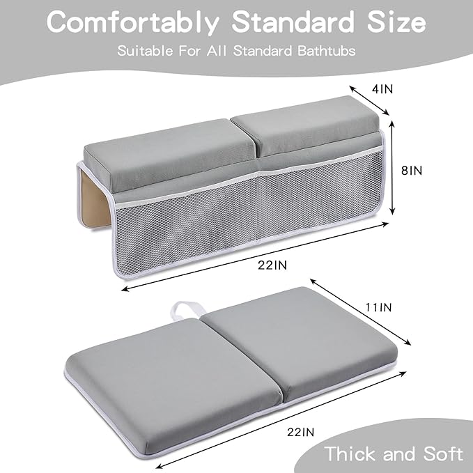 Bath Kneeler and Elbow Rest Pad Set, Thick Soft Quick Dry Bathtub Mat for Baby Bathing Time, Memory Foam With Toys Organizer, Gifts for Parents, Grey