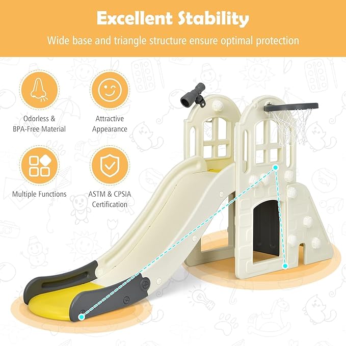 Generic FUTADA 6 in 1 Toddler Slide, Indoor & Outdoor Playground Set with Basketball Hoop, Ring Toss, Telescope, Crawl Through Space, Kids Climber Slide Gift for Indoors Outdoor Boys Girls (Yellow)