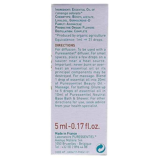 Puressentiel Ylang Ylang Essential Oil, Aromatherapy Stress Calming - 100% Pure, Organic & Natural - Therapeutic Grade, Premium & Certified Quality - Made in France – 0.17 fl oz