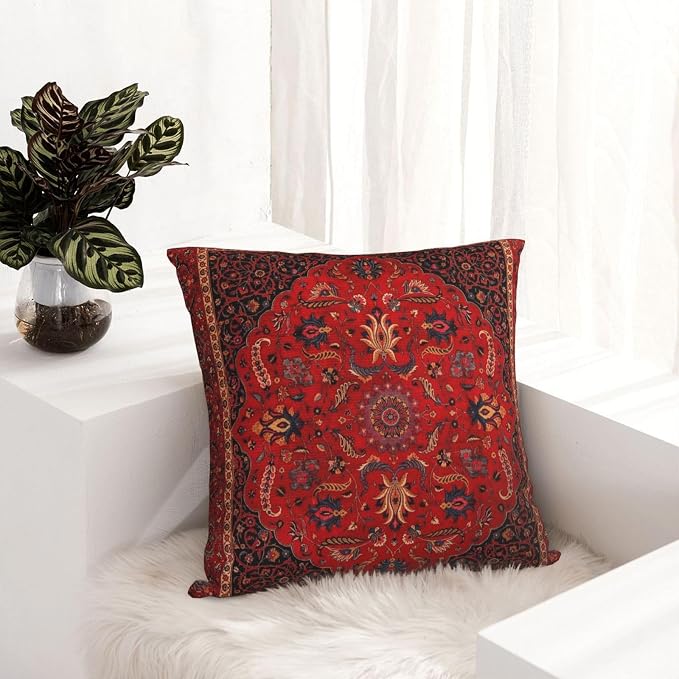 Antique Persian Rug Red Pillow Covers Decorative Square Throw Pillowcase 18x18 Inch Couch Cushion Cover for Home Decor Living Room Bedroom College Dorm Bed Car Sofa