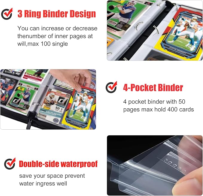 400 Pockets Football Card Binder, Portable Waterproof Storage Card Album with Removable Sleeves for Sports Football Cards 2025 2026 Collectors(laser silver hot stamping)