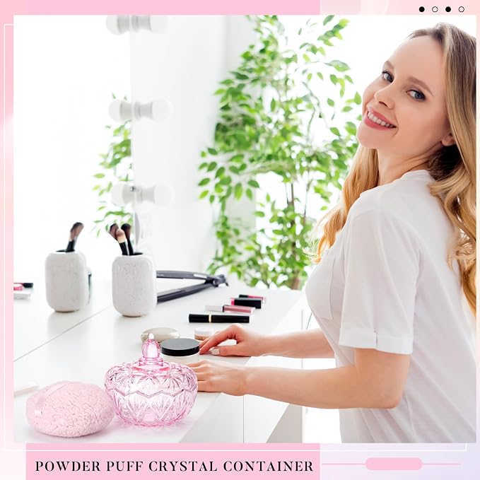 Tioncy 2 Pcs Extra Large Dusting Powder Puff and Container for Women-6'' Glass Crystal Dusting Powder Container with Body Soft Washable Reusable Velour Face(Pink,Pumpkin)