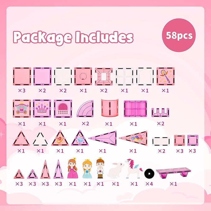 Magnetic Tiles (58PCS), Pegasus Castle STEM Building Set with Princess and Prince, Educational Toys Gift for Girls Ages 3+