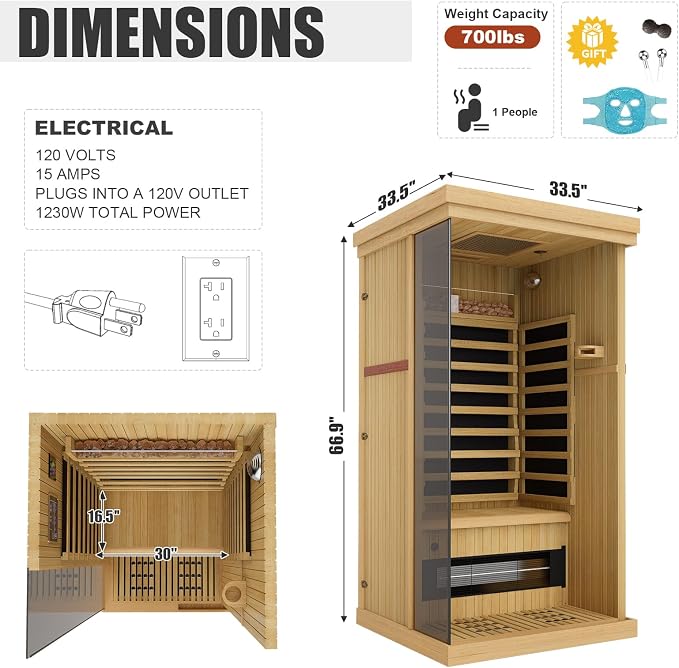 MEISSALIVVE Full Spectrum Infrared Sauna,1 Person Home Sauna,Canadian Hemlock Wood Indoor Spa Sauna with Resonance Speaker and Tempered Glass