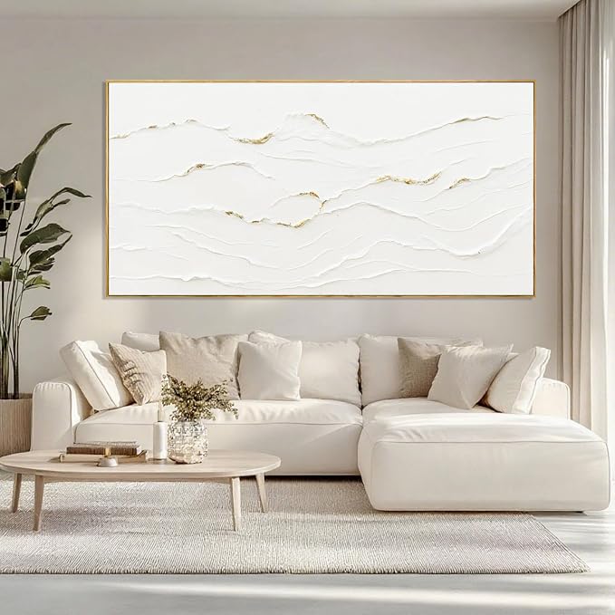 Large Framed White Abstract Gold Wall Art for Living Room 29x58 Inch