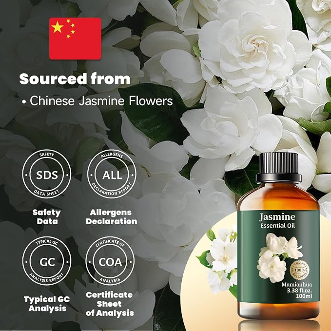 Jasmine Essential Oil, Floral Scent, Diffuser, Skin & Hair, 3.38 Fl Oz | Mumianhua Jasmine Oil. Sweet, Romantic Floral Aroma. For Pillow Mist, Bedtime Diffusion, Skin & Hair Care. Always Dilute