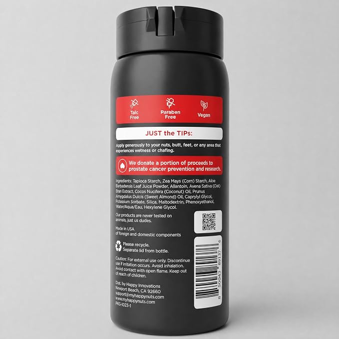 HAPPY NUTS Comfort Powder Deodorant For Men: Anti-Chafing, Sweat and Odor Control, Aluminum-Free, Ultimate Travel Essential for Men's Private Parts 4 oz (1 Pack), Fragrance-Free