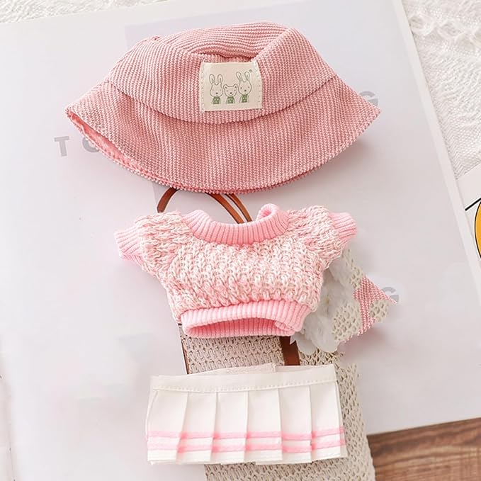 Clothes for 17cm Dolls Sweater Clothes Accessories(No Doll Only Clothes), Stylish Outfit Suitable for 6.69inch (17cm) Doll Soft Clothing Replacement(PinkA+hat+Dress)