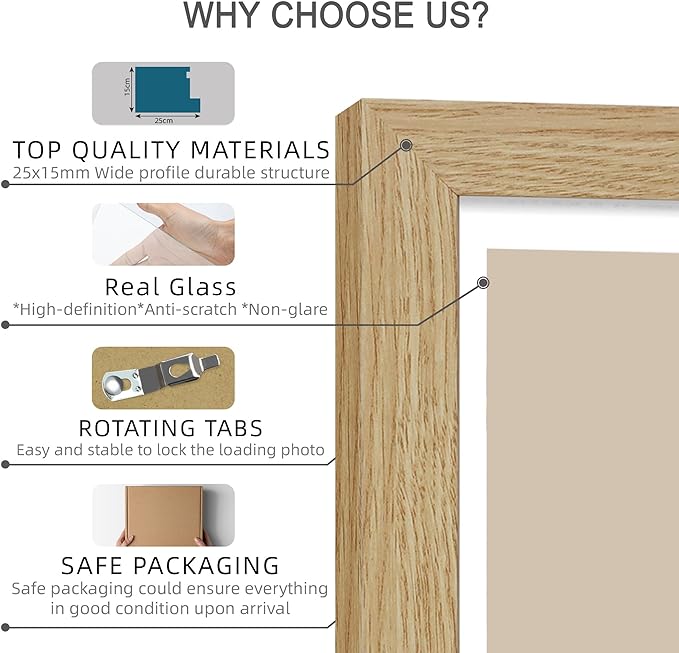 Hongkee 5x7 Picture Frame Set of 4, Made of Real Glass and Natural Oak Wooden Frame, 5 by 7 Photo for Wall or Tabletop - Display Picture 4x6 with Mat or 5x7 Without Mat